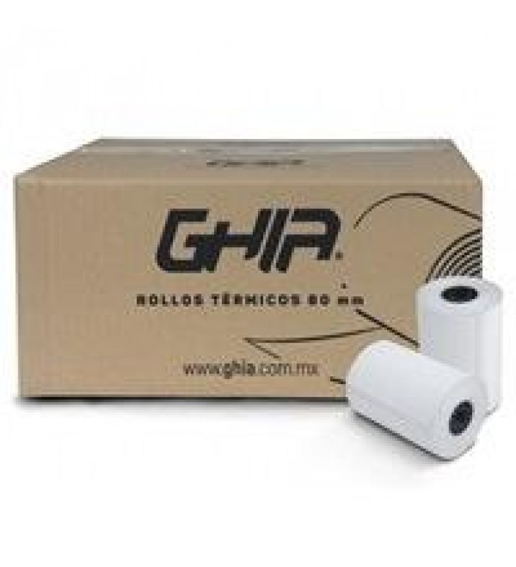 CAJA ROLLO PAPEL TERMICO GHIA 80X70 MM /50 PIEZAS /PARA IMPRESORAS DE 80MM // REACCION NEGRO