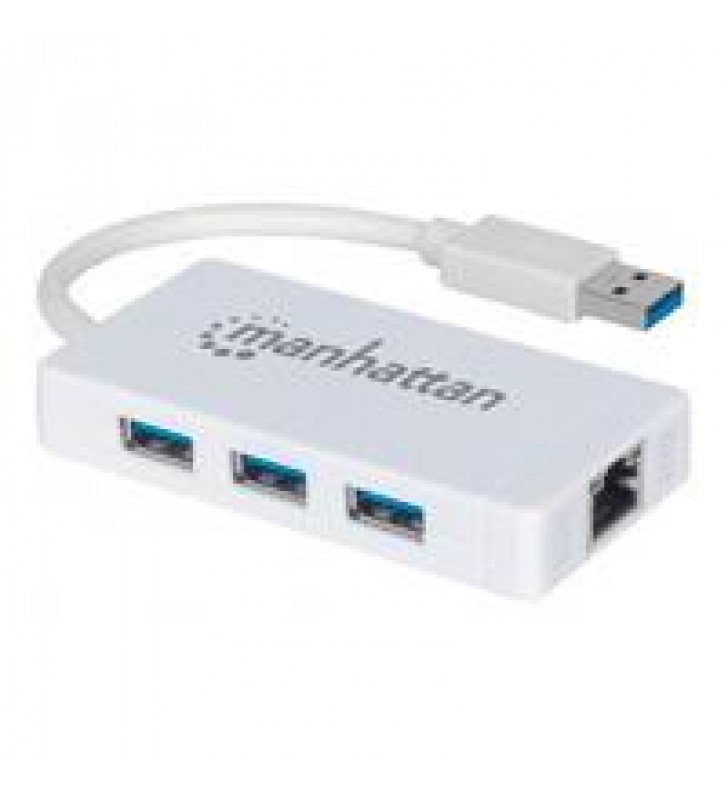 HUB MANHATTAN DE 3 PUERTOS USB 3.0 CON ADAPTADOR GIGABIT ETHERNET. UN PUERTO 10/100/1000 MBPS
