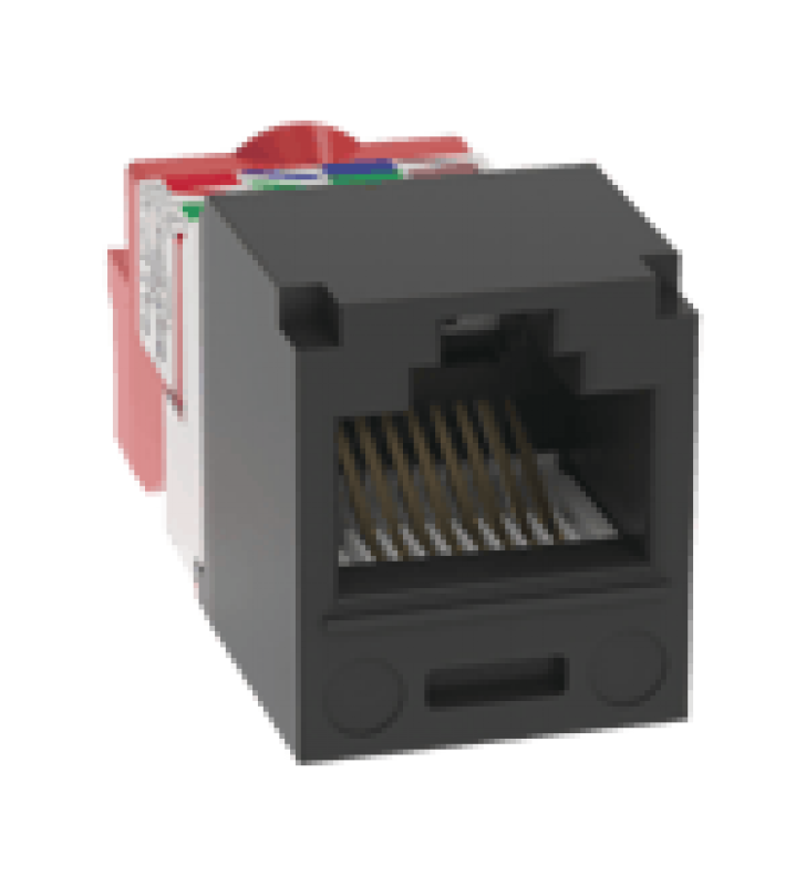 CONECTOR JACK RJ45 ESTILO T, MINI-COM, CATEGORIA 5E, DE 8 POSICIONES Y 8 CABLES, COLOR NEGRO