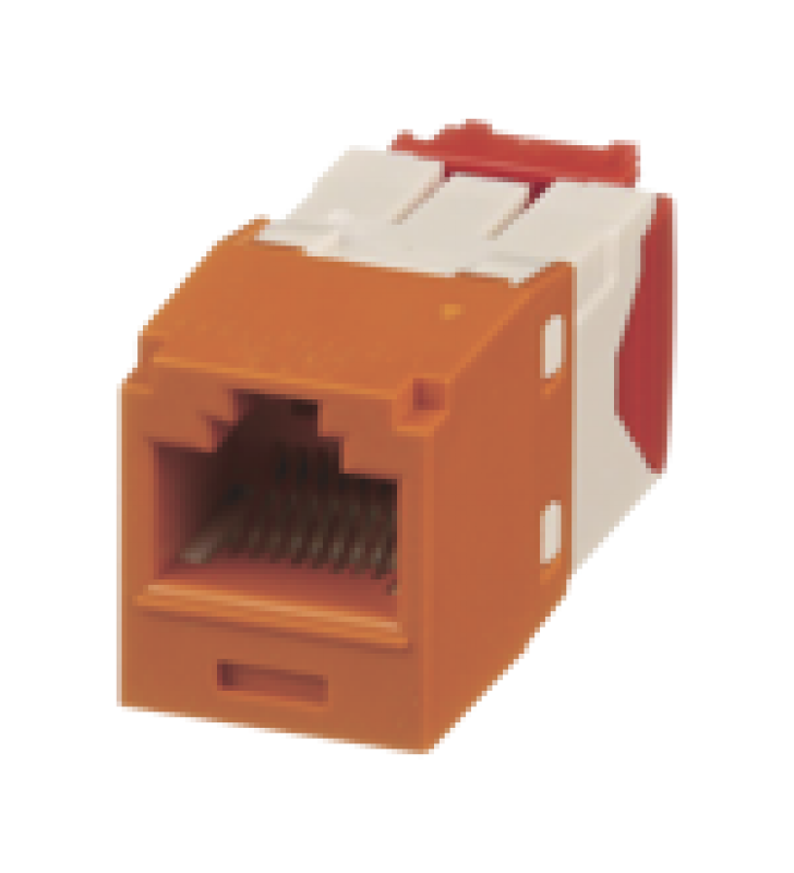 CONECTOR JACK RJ45 ESTILO TG, MINI-COM, CATEGORIA 5E, DE 8 POSICIONES Y 8 CABLES, COLOR NARANJA