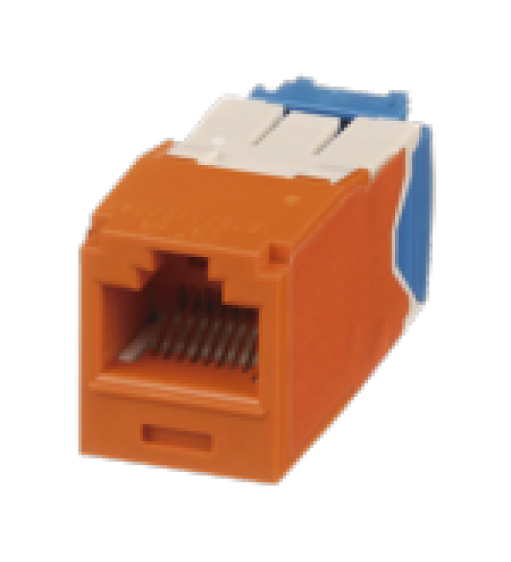 CONECTOR JACK RJ45 ESTILO TG, MINI-COM, CATEGORIA 6A, DE 8 POSICIONES Y 8 CABLES, COLOR NARANJA