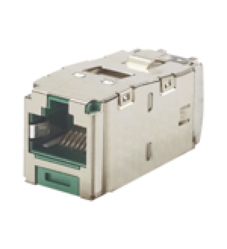 CONECTOR JACK RJ45 BLINDADO, ESTILO TG, MINI-COM, CATEGORIA 6A, DE 8 POSICIONES Y 8 CABLES, COLOR VERDE