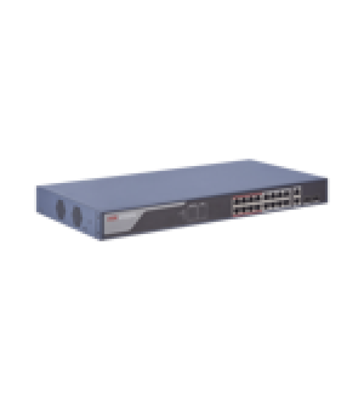 SWITCH ADMINISTRABLE DE 16 PUERTOS POE+ (HASTA 250 M), 10/100 MBPS, 2 PUERTOS SFP, 230 WATTS, CONFIGURACION REMOTA DESDE HIK-PROCONNECT