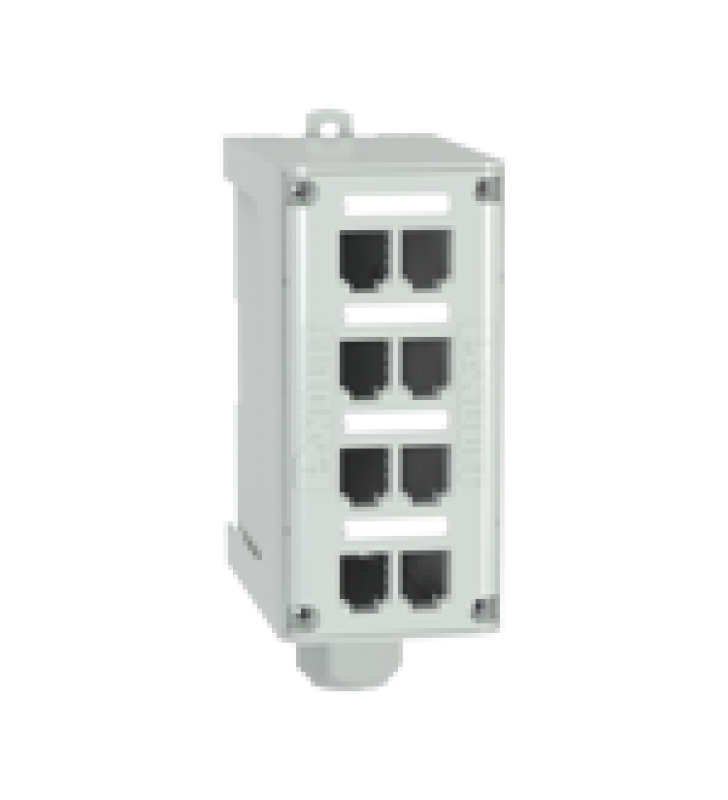 PANEL DE PARCHEO MODULAR PARA FIBRA OPTICA, DE INSTALACION EN RIEL DIN ESTANDAR DE 35MM, 8 PUERTOS MINI-COM, COLOR GRIS