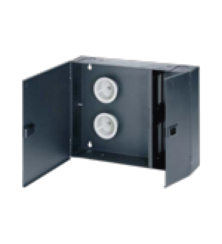 CAJA DE CONEXION DE FIBRA OPTICA, PARA MONTAJE EN PARED, ACEPTA 4 PLACAS ACOPLADORAS FAP O FMP, HASTA 96 FIBRAS, COLOR NEGRO