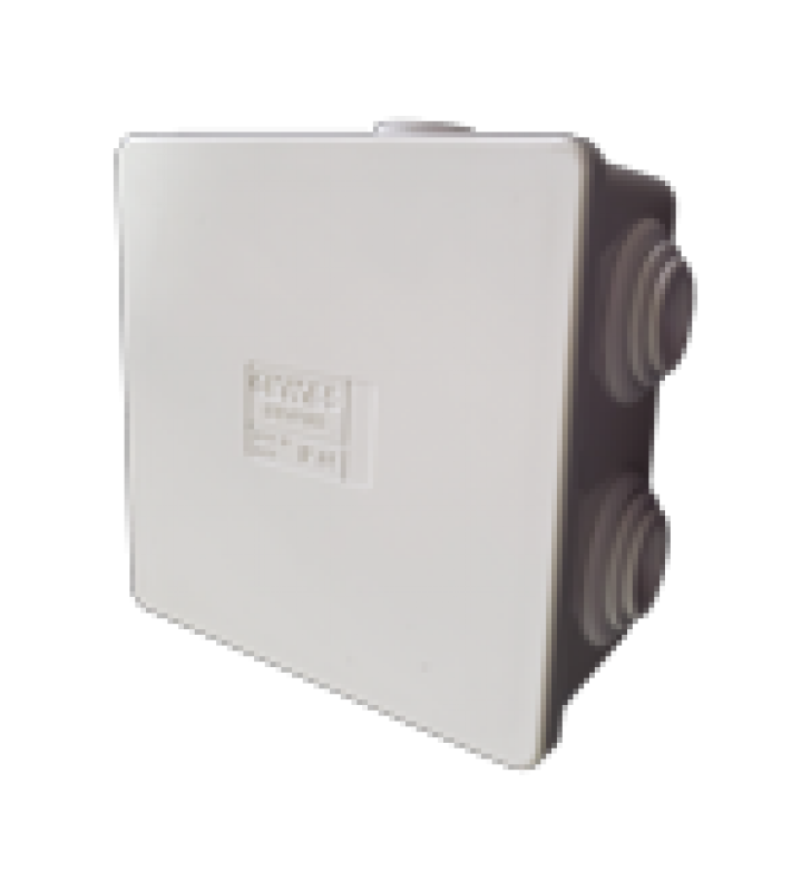 CAJA DE DERIVACION DE PVC AUTOEXTINGUIBLE CON 6 ENTRADAS, TAPA A PRESION, 80X80X40 MM (MEDIDAS INTERNAS, MAYOR AREA PERMISIBLE PARA EL CABLE, PARA INSTALACION AL EXTERIOR (IP44)