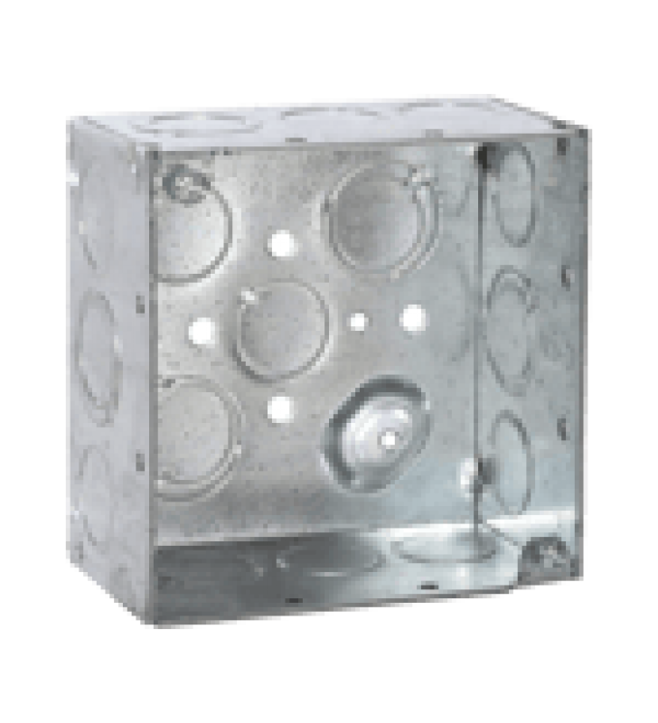 CAJA CUADRADA GALVANIZADA  DE 4, PROFUNDIDAD DE 2 1/8. CUENTA CON 10 KO DE 1/2 Y 6 TKO (1/2 - 3/4))