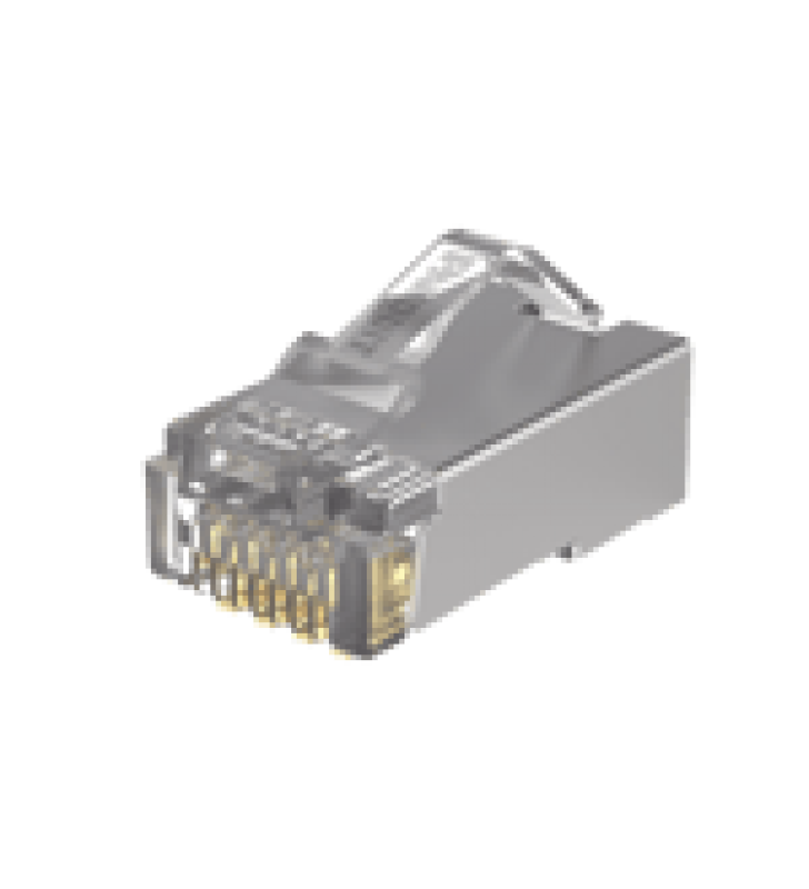 PLUG RJ45 CAT5E BLINDADO, PARA CABLE UTP DE CALIBRES 24-26 AWG, CHAPADO EN ORO DE 50 MICRAS, PAQUETE DE 100 PIEZAS
