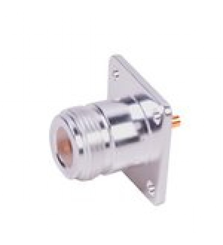 CONECTOR N HEMBRA PARA MONTAJE FRONTAL EN PANEL CON 4 PERFORACIONES A 18 MM, PLATA/ ORO/ TEFLON. CONECTOR N HEMBRA PARA MONTAJE FRONTAL EN PANEL CON 4 PERFORACIONES A 18 MM, PLATA/ ORO/ TEFLON.