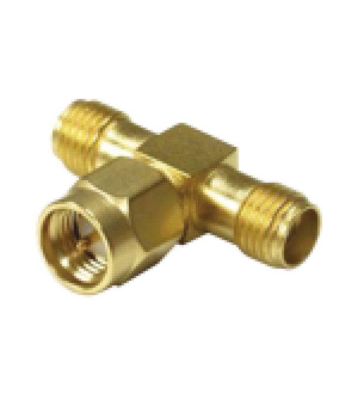 ADAPTADOR EN T, DE CONECTOR SMA MACHO A DOBLE SMA HEMBRAS, ORO/ ORO/ TEFLON.