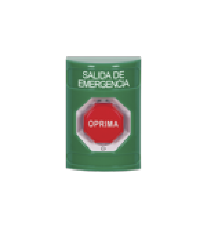 BOTON DE SALIDA DE EMERGENCIA , TEXTO EN ESPANOL,  ACCION MANTENIDA, GIRAR PARA RESTABLECER, LED DE ILUMINACION