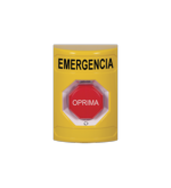 BOTON DE EMERGENCIA EN ESPANOL, COLOR AMARILLO, ACCION MANTENIDA, GIRAR PARA RESTABLECER Y LED MULTICOLOR