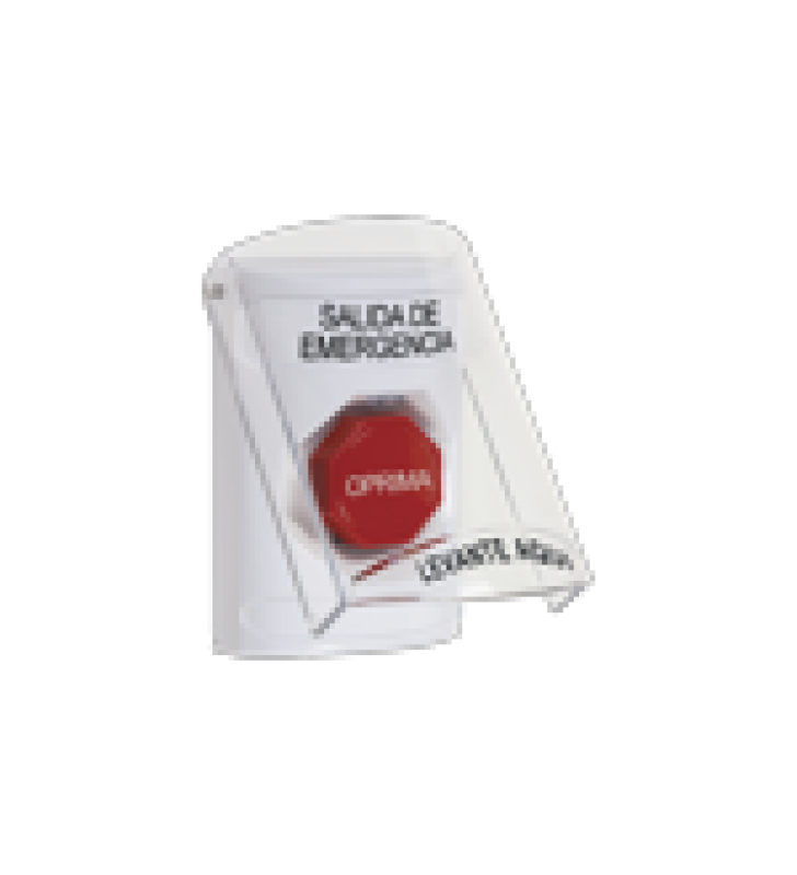 BOTON DE SALIDA DE EMERGENCIA CON TAPA PROTECTORA DE POLICARBONATO SUPER RESISTENTE Y RESTABLECIMIENTO CON LLAVE