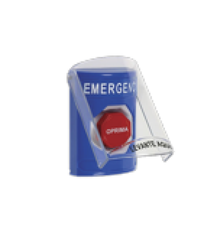 BOTON DE EMERGENCIA CON BOCINA DE ADVERTENCIA INTEGRADA, TEXTO EN ESPANOL, TAPA PROTECTORA DE POLICARBONATO SUPER RESISTENTE, RESTABLECIMIENTO CON LLAVE