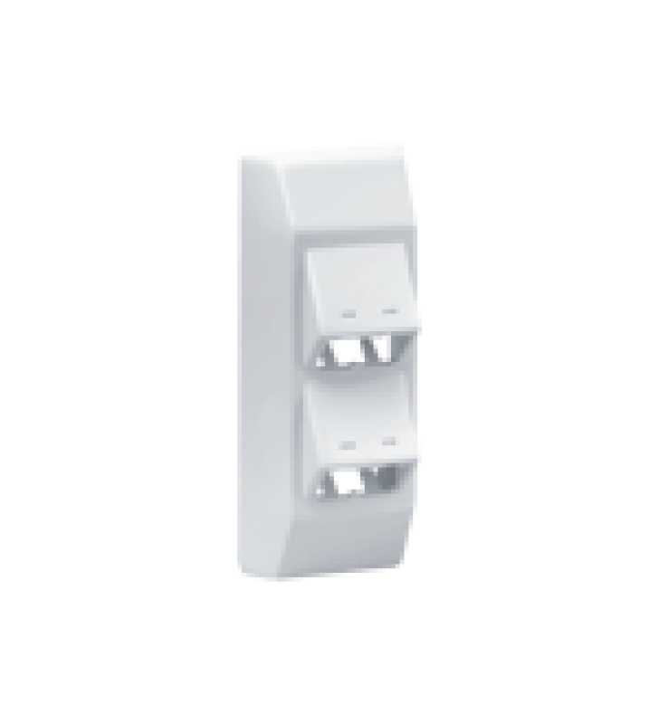 SOPORTE CON 4 PUERTOS MINI-COM, CON BISAGRAS DE INSTALACION A PRESION, PARA CANALETAS T45, MATERIAL PVC RIGIDO, COLOR BLANCO MATE