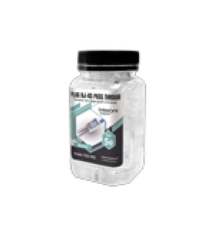 BOTE CON 100 PLUGS PASS THROUGH RJ45 CAT5E BLINDADO, CHAPADO DE ORO A 30 MICRAS PARA DURABILIDAD EXTREMA