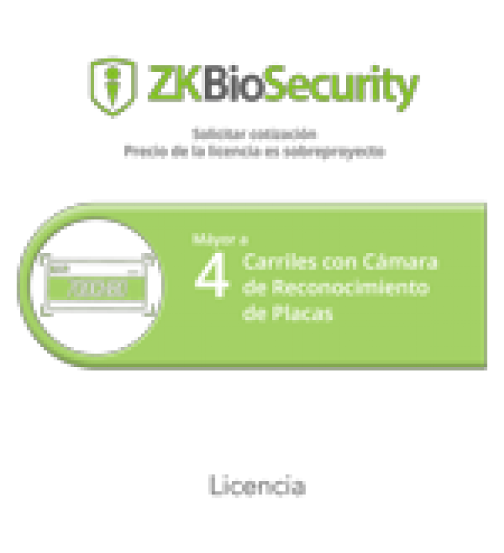 LICENCIA DE PROYECTOS PARA ZKBIOSECURITY PARA MODULO DE ESTACIONAMIENTO CON CAMARA DE RECONOCIMIENTO DE PLACAS